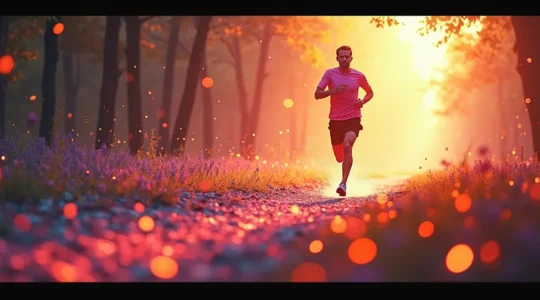 Une personne en pleine course à pied dans un environnement dynamique, avec des éléments visuels symboliques représentant le métabolisme et la combustion des graisses, dans un style réaliste et énergique.