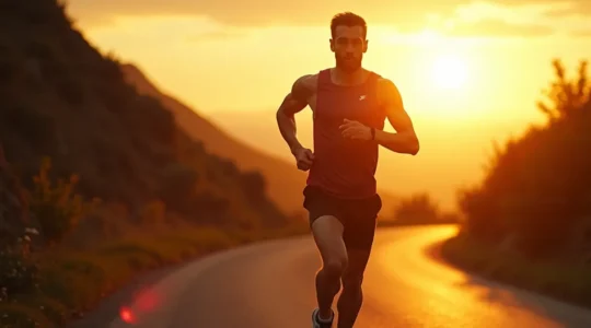 Un coureur athlète intense en pleine course sur une route vallonnée avec un arrière-plan dynamique, illustrant la performance et la détermination.