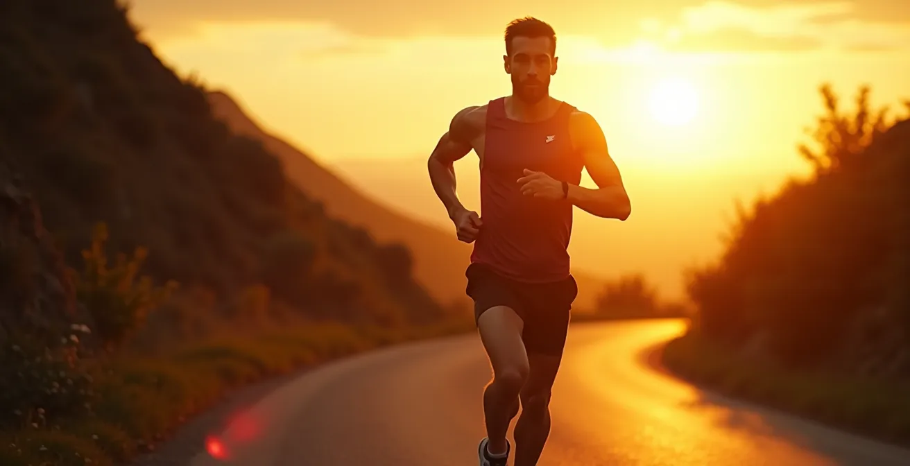 Un coureur athlète intense en pleine course sur une route vallonnée avec un arrière-plan dynamique, illustrant la performance et la détermination.