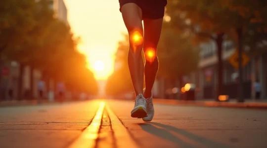 Un coureur en plein mouvement dynamique sur un chemin urbain, mettant en valeur ses genoux et un mouvement fluide et naturel.