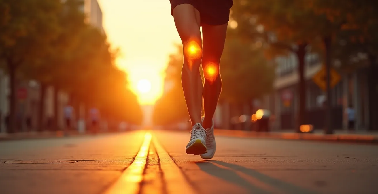 Un coureur en plein mouvement dynamique sur un chemin urbain, mettant en valeur ses genoux et un mouvement fluide et naturel.