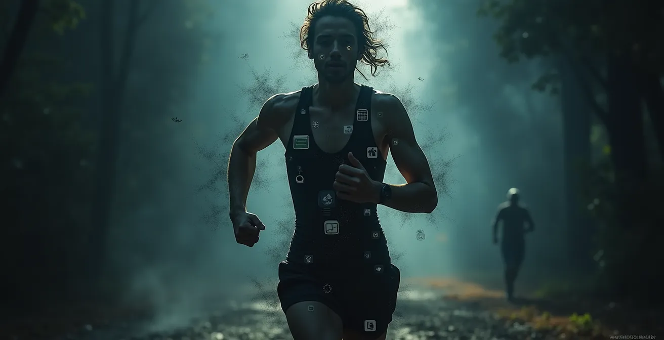 Illustration symbolique du stress cumulatif réunissant des éléments de la vie quotidienne et de la course à pied avec un corset protecteur symbolisant la résilience