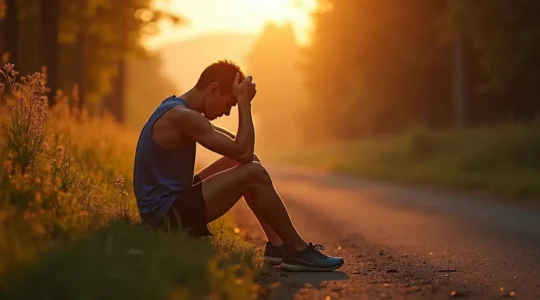 Un coureur fatigué assis au bord d'un chemin de course au lever du soleil, illustrant la fatigue et le surentraînement chez les coureurs débutants