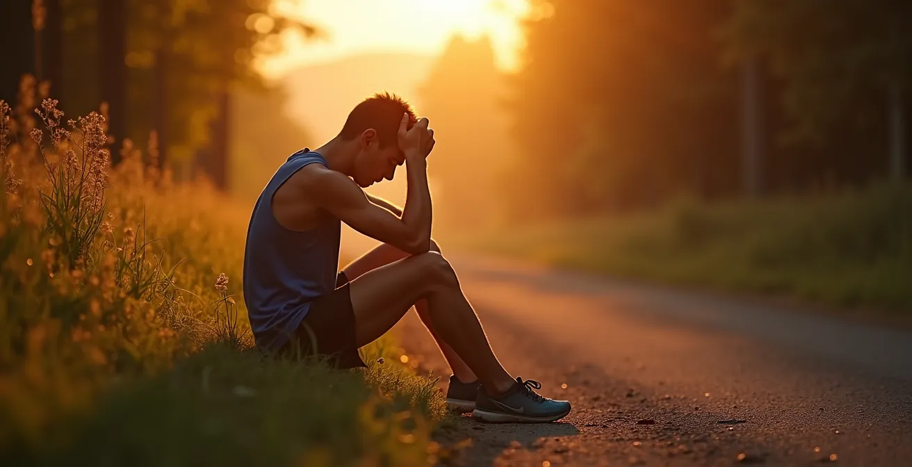 Un coureur fatigué assis au bord d'un chemin de course au lever du soleil, illustrant la fatigue et le surentraînement chez les coureurs débutants