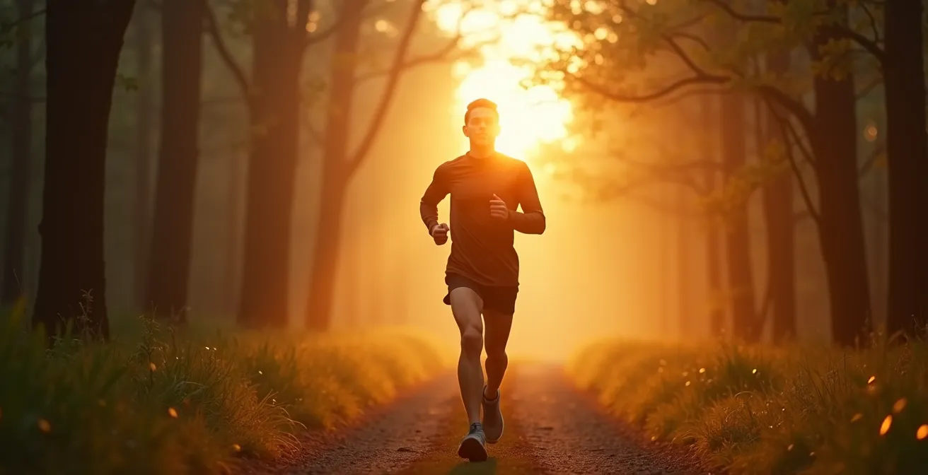 Une image inspirante montrant une personne courant en plein air au lever du soleil, symbolisant le bien-être mental et la libération du stress par la course