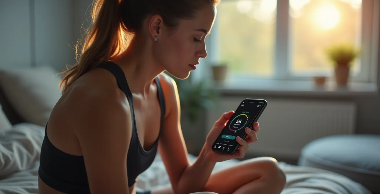 Athlète utilisant une application mobile pour mesurer sa variabilité de fréquence cardiaque au réveil