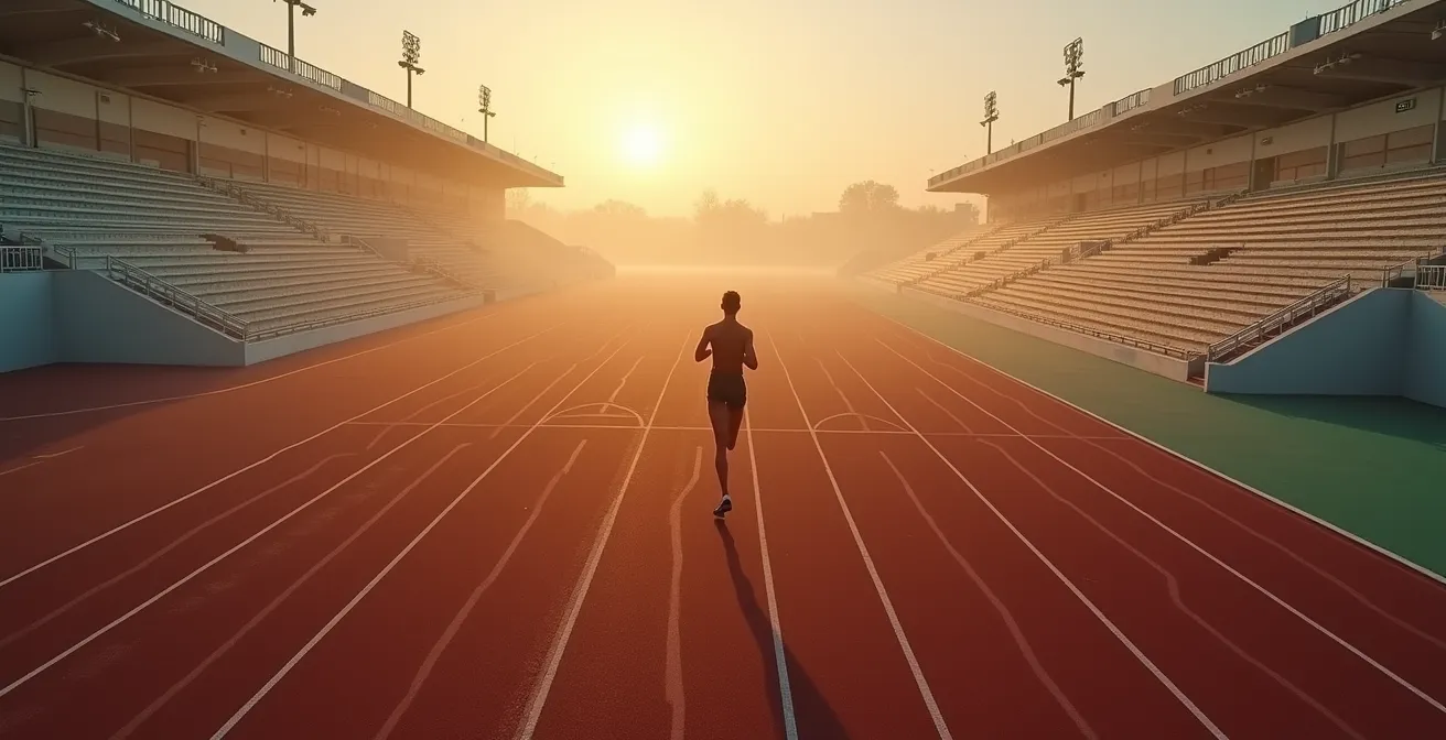 Vue aérienne minimaliste d'un coureur seul sur une piste d'athlétisme au lever du soleil