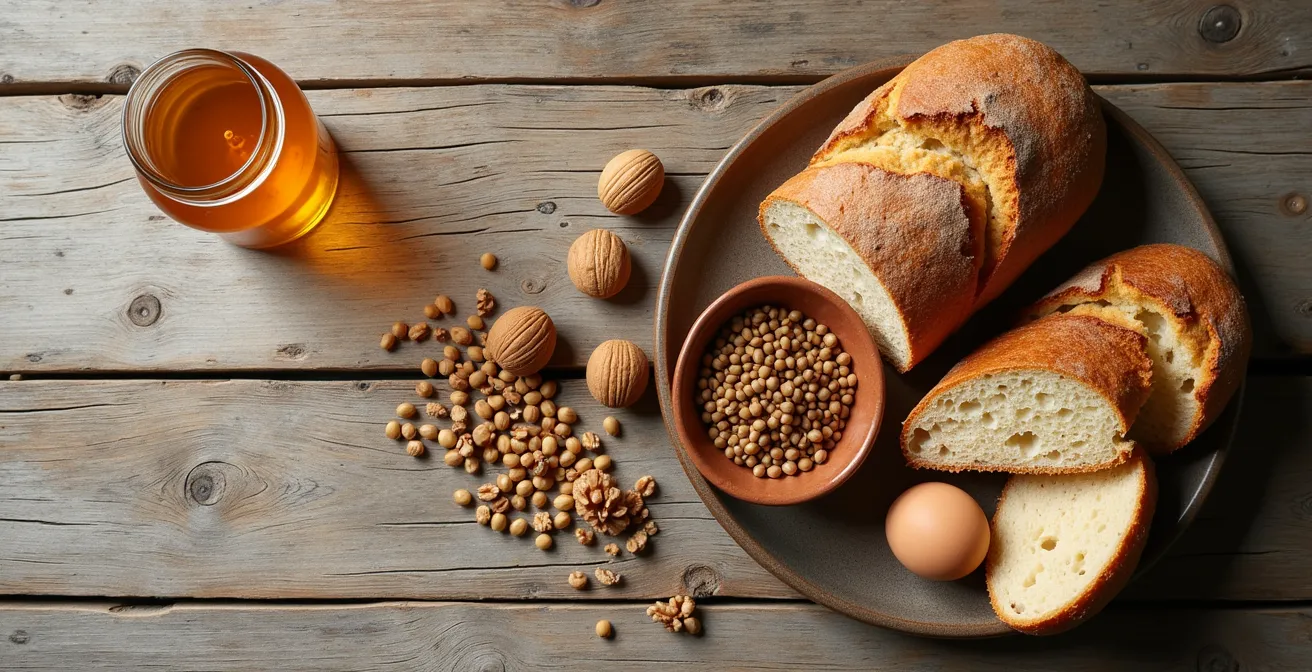 Composition artistique d'aliments énergétiques locaux français pour la course à pied, incluant pain complet, lentilles et noix.