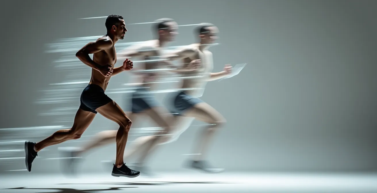 Vue latérale d'un coureur en analyse biomécanique avec marqueurs de mouvement