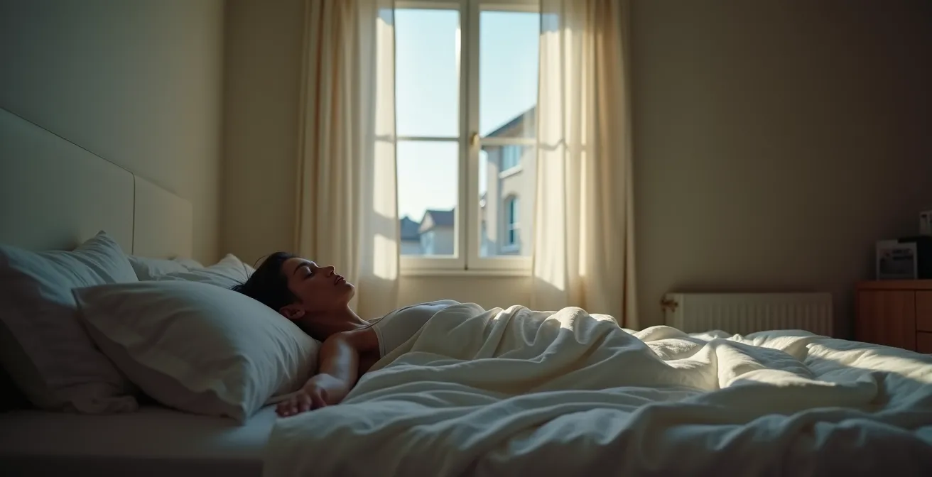 Athlète endormi dans une chambre apaisante avec lumière tamisée, montrant les signes visibles de récupération musculaire