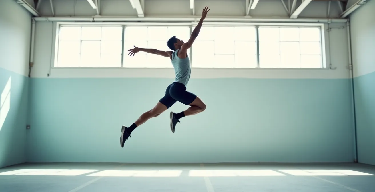 Athlète en pleine phase d'impulsion lors d'un saut vertical, symbole d'explosivité