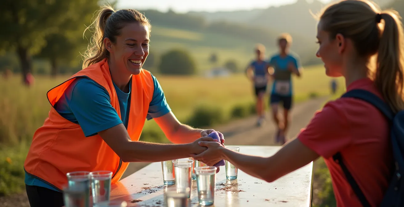 Bénévole tendant une éponge humide à un coureur lors d'un ravitaillement