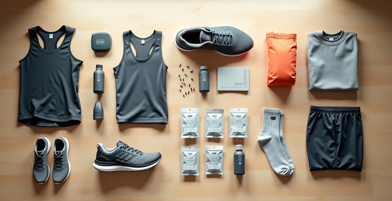 Vue aérienne minimaliste d'une table avec équipement de course organisé méthodiquement