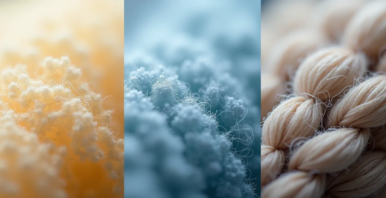 Vue macro de trois fibres textiles différentes côte à côte montrant leurs structures uniques