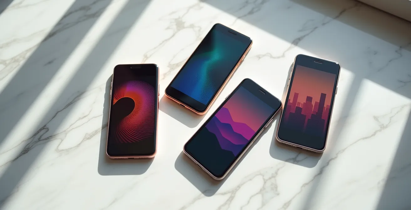 Composition artistique montrant plusieurs smartphones avec interfaces colorées abstraites d'applications de course