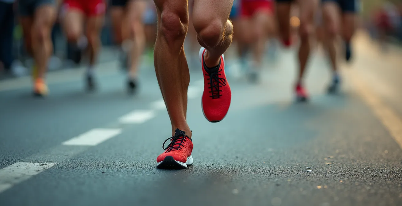 Gros plan sur les jambes d'un coureur en pleine accélération finale sur route