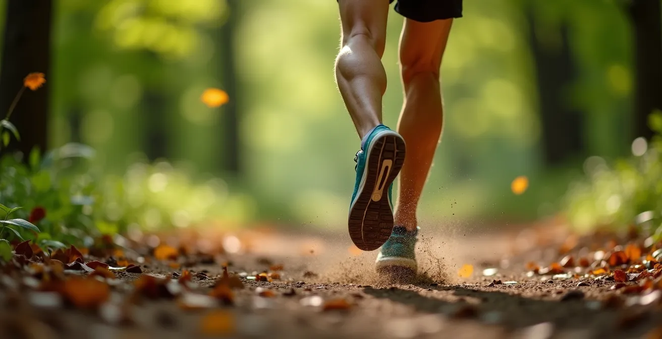 Gros plan sur les jambes d'un coureur montrant la technique de course parfaite
