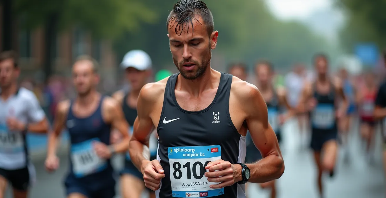 Gros plan sur un coureur concentré maintenant son allure pendant un semi-marathon