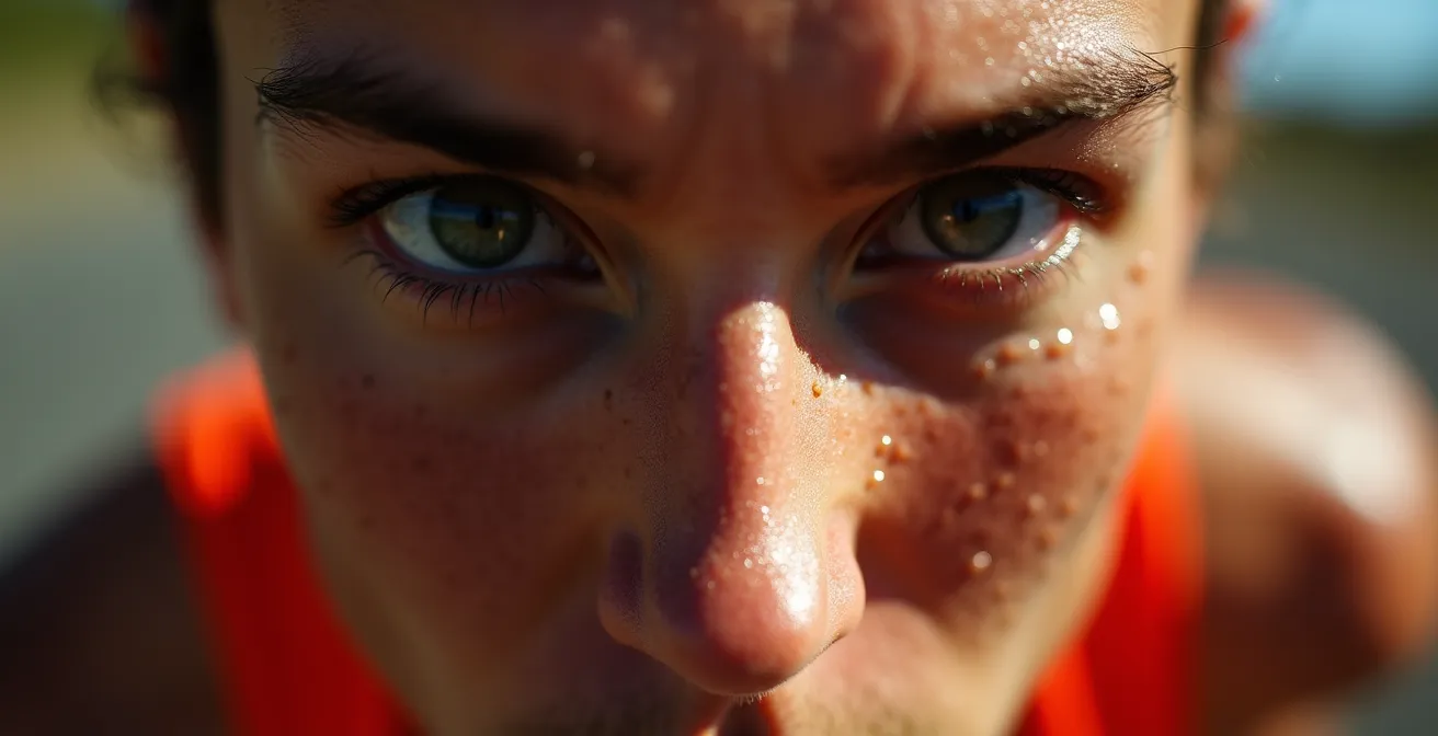 Gros plan sur le visage concentré d'un coureur en plein effort