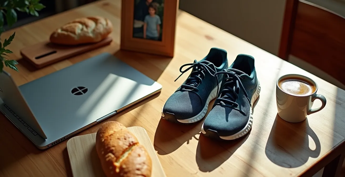 Coureur français jonglant entre montre de running, agenda professionnel et photos de famille