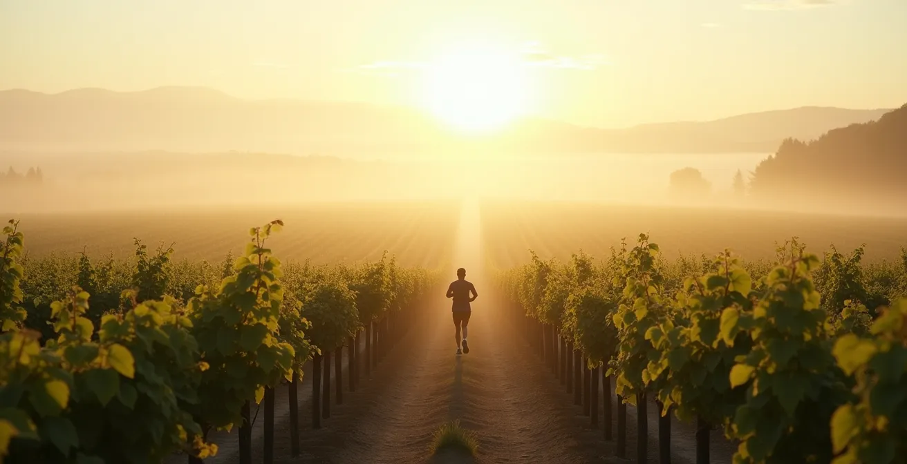 Coureur en pleine conscience traversant un vignoble français au lever du soleil