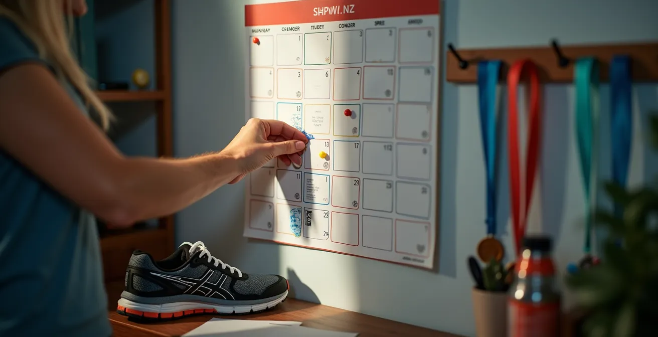 Coureur consultant un calendrier mural avec des épingles colorées marquant ses objectifs de courses