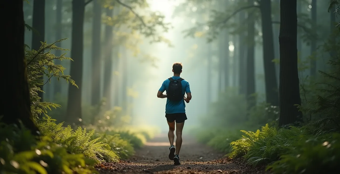 Coureur seul sur un sentier forestier, vue de dos symbolisant le voyage personnel