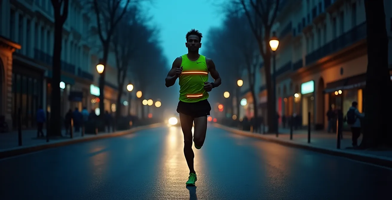Silhouette de coureur en vêtement fluo réfléchissant dans les rues de Paris à l'aube