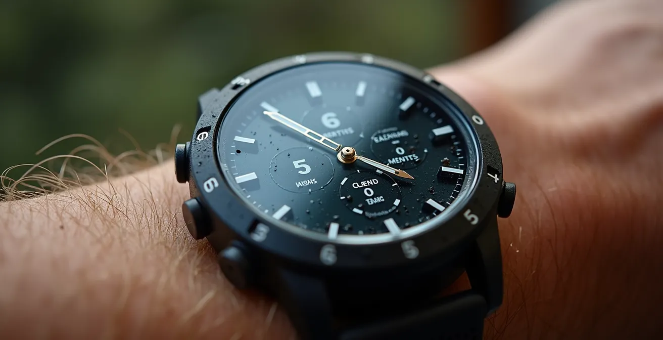 Vue macro d'une montre de course montrant des reflets abstraits suggérant la détermination