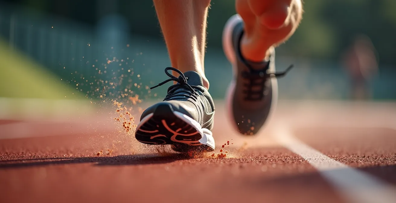 Gros plan macro sur le pied d'un coureur au moment de l'impact au sol, montrant la technique de course
