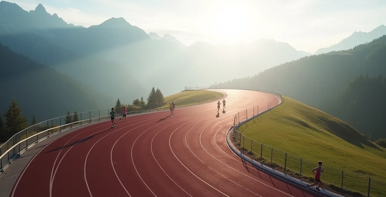 Vue aérienne d'une piste d'athlétisme en altitude avec coureurs effectuant une séance pyramidale