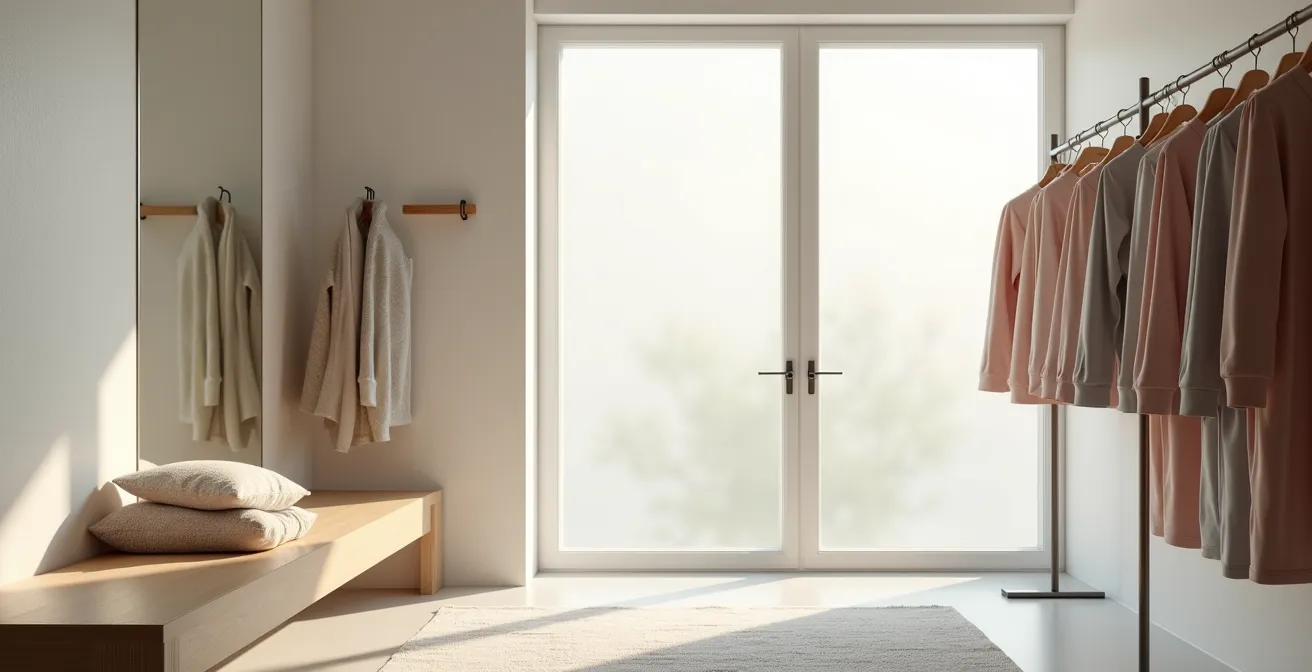 Cabine d'essayage avec plusieurs brassières de sport, montrant le processus de sélection et d'ajustement