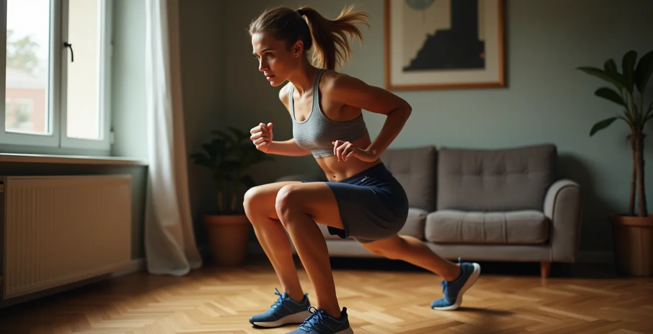 Athlète réalisant des exercices de préparation physique dans son salon avec objets du quotidien