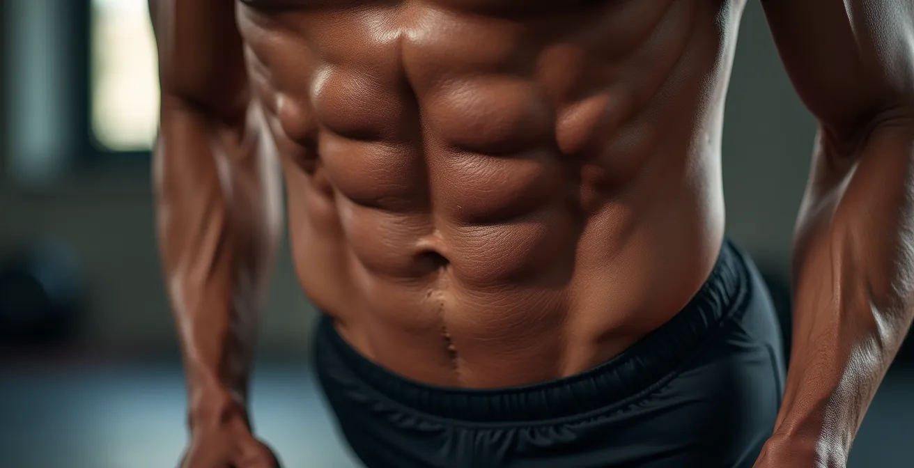 Vue macro détaillée des muscles abdominaux en contraction lors d'un exercice de gainage