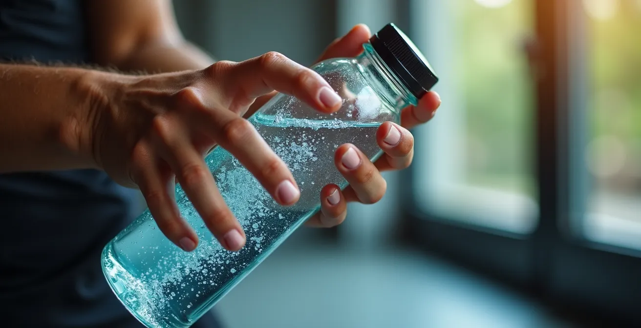 Verres d'eau avec citron et bouteilles d'eau minérale dans un environnement sportif