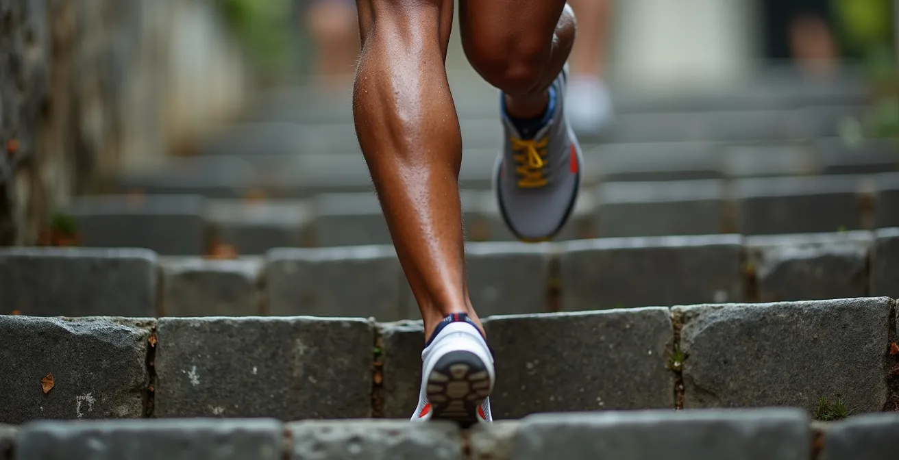 Gros plan sur les jambes d'un coureur montant des escaliers en pierre, symbolisant l'effort intense du mur du marathon