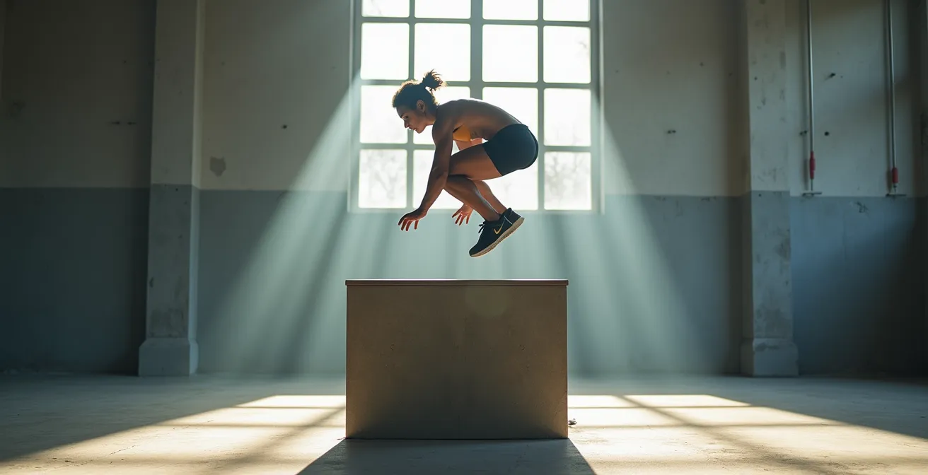 Athlète en plein saut pliométrique sur box d'entraînement, muscles en extension maximale