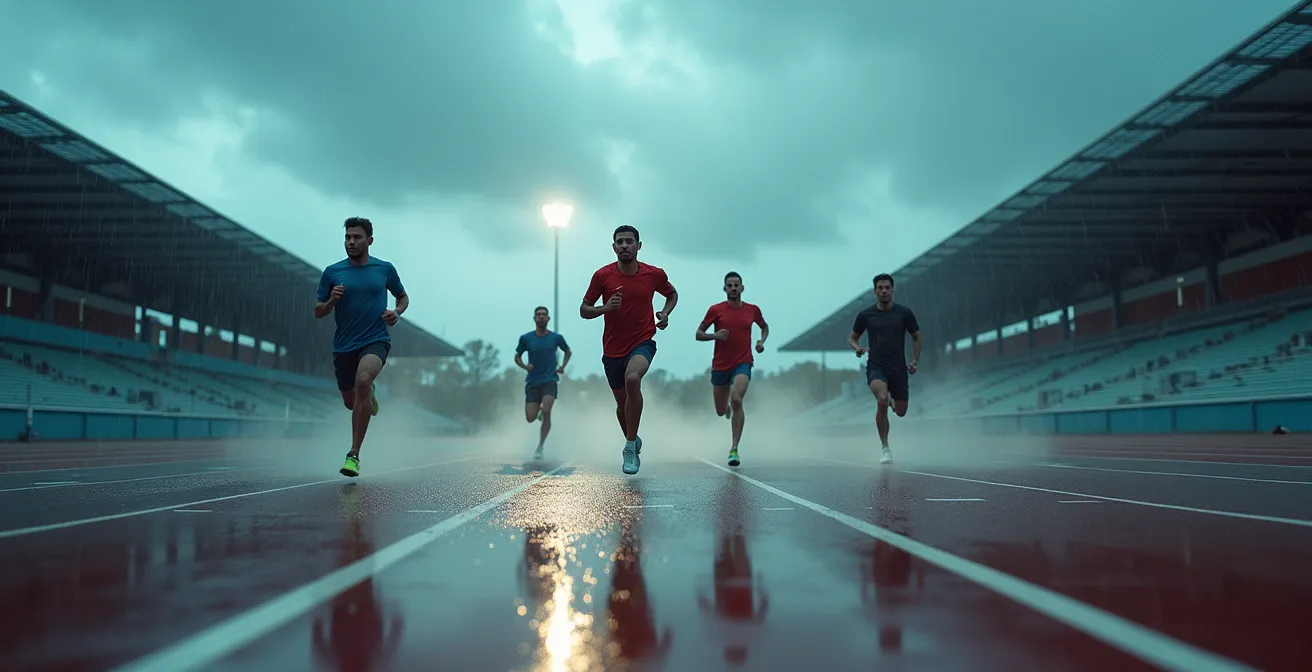 Groupe de coureurs s'entraînant ensemble sous la pluie lors d'une séance de fractionné