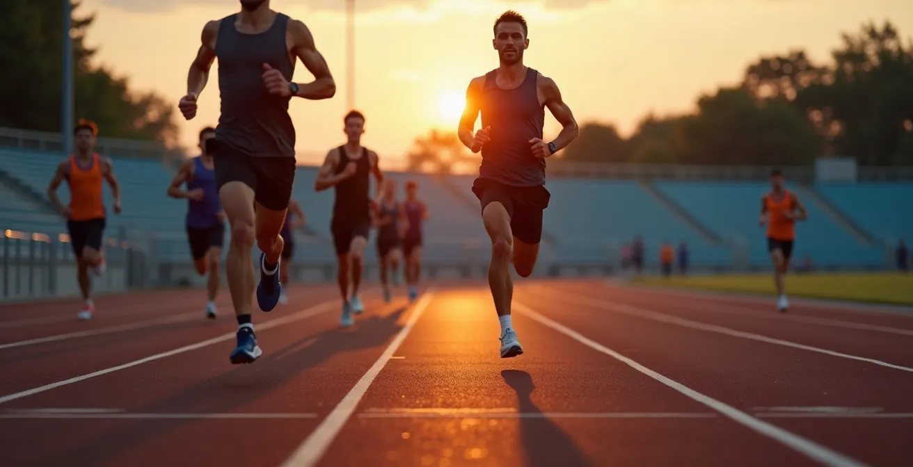 Athlètes s'entraînant sur une piste d'athlétisme française au crépuscule
