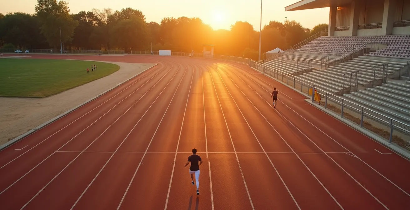 Vue aérienne d'une piste d'athlétisme avec plusieurs coureurs en pleine séance de fractionné
