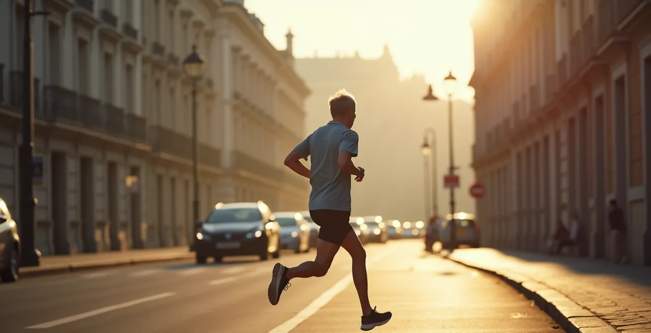Coureur masters en pleine ascension d'une côte urbaine française, effort intense mais contrôlé