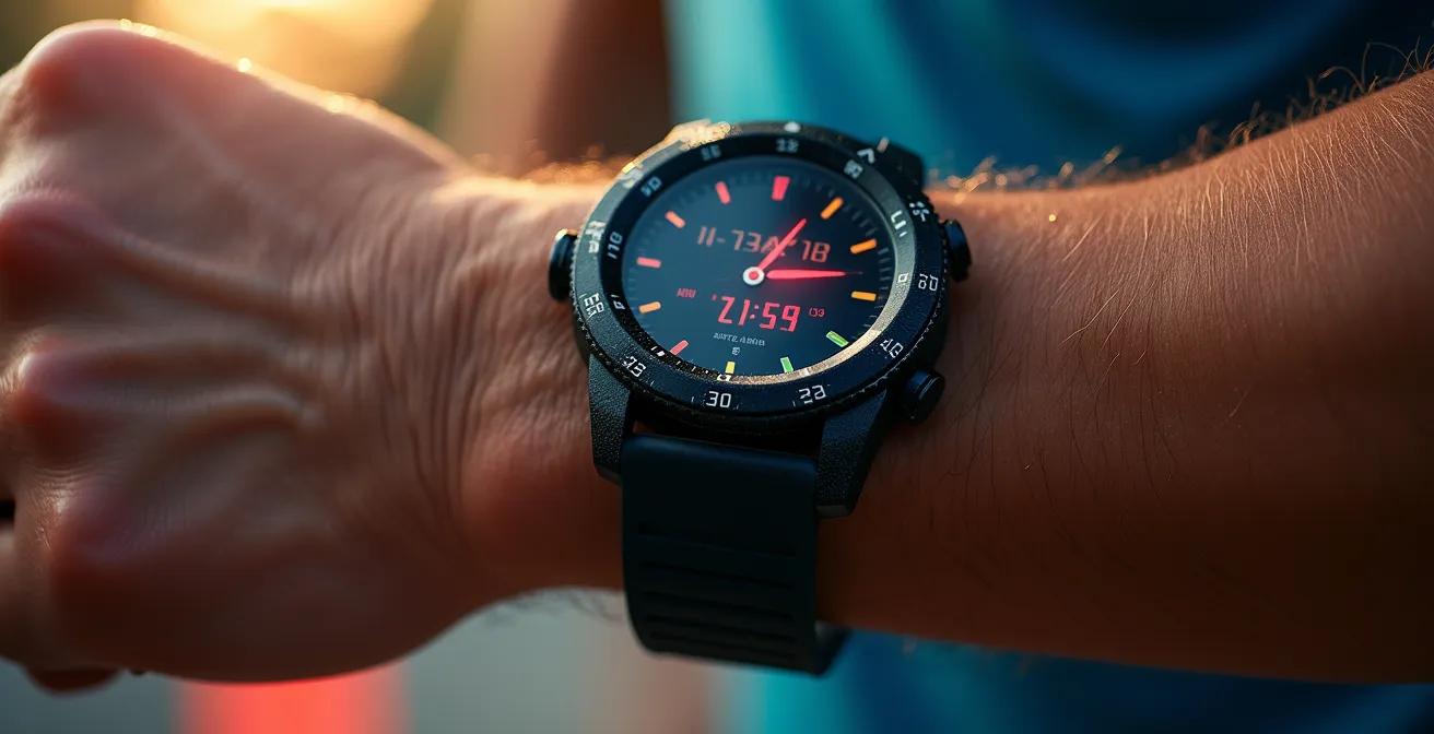 Gros plan macro sur montre GPS de course montrant données de performance