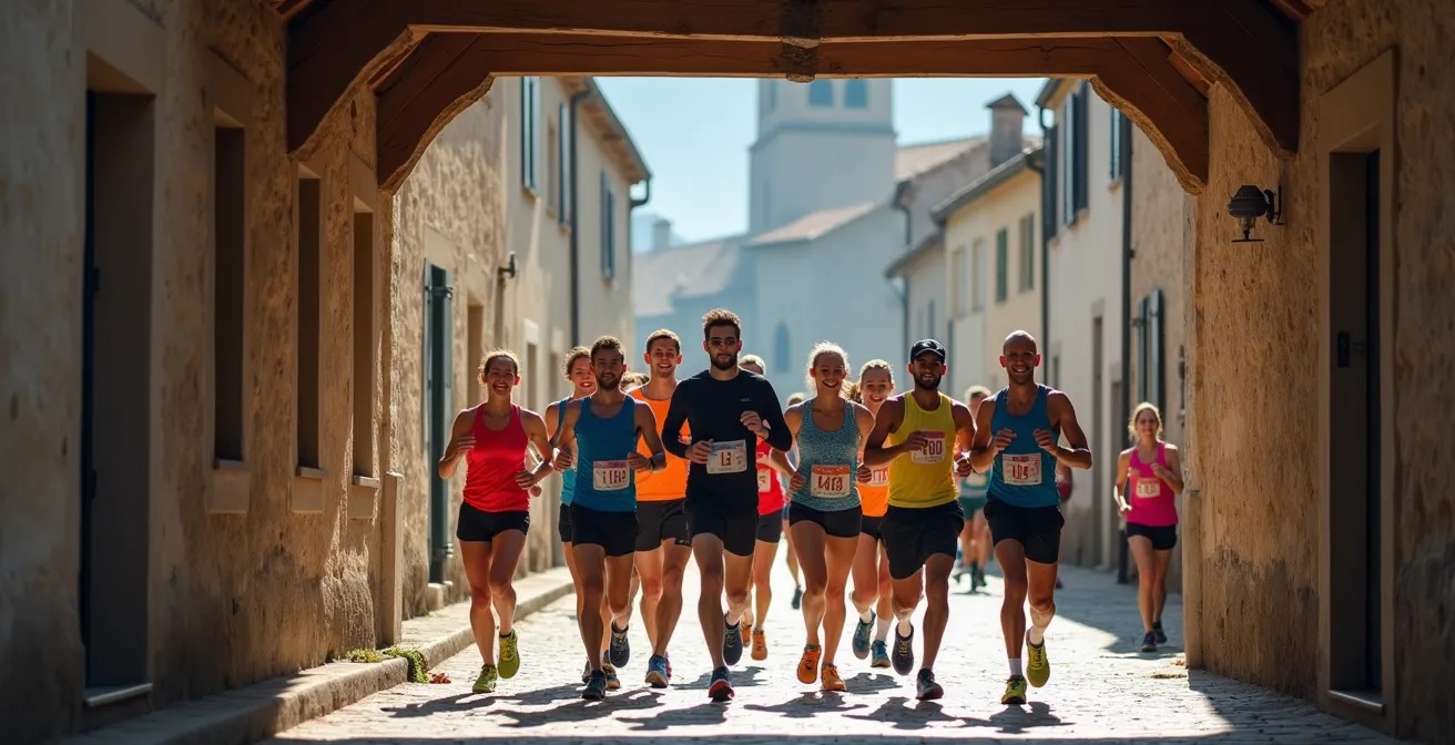 Départ d'une course de village française avec coureurs détendus sous bandeau de départ artisanal