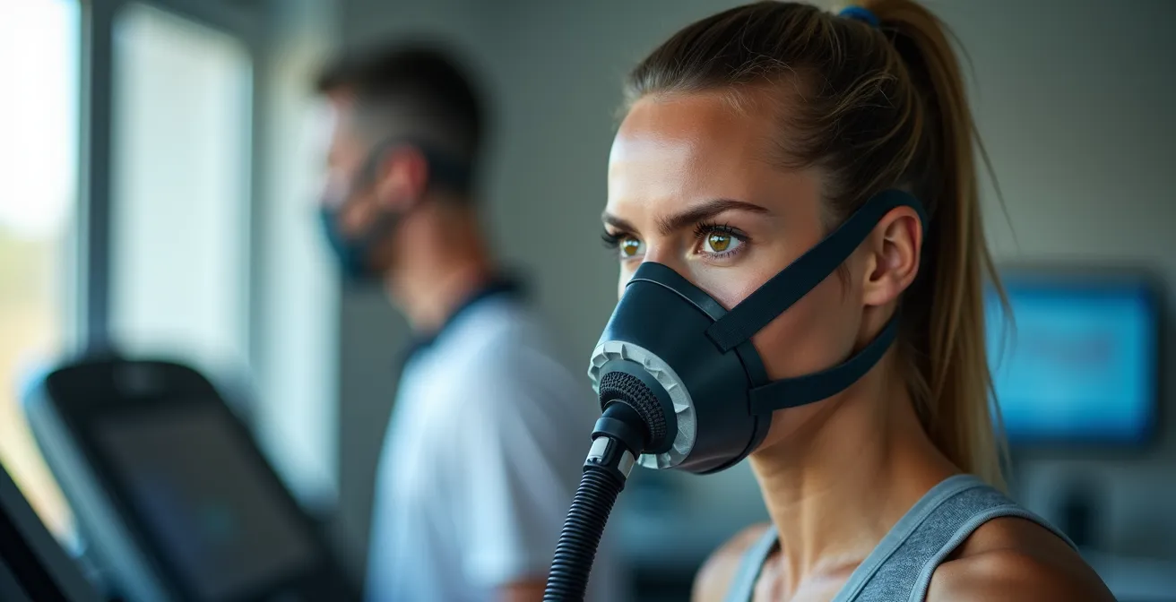 Coureur sur tapis roulant équipé d'un masque d'analyse des gaz lors d'un test VO2max