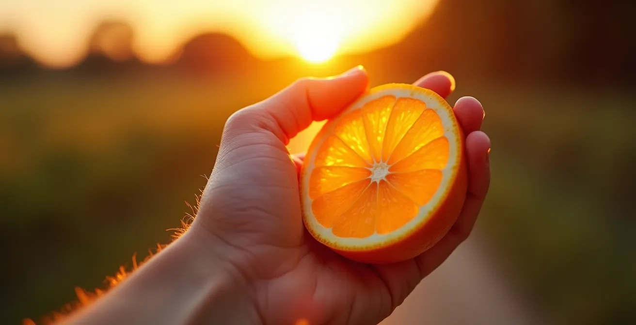 Main d'un coureur tenant une tranche d'orange fraîche symbolisant le ravitaillement énergétique au bon moment pendant l'effort.